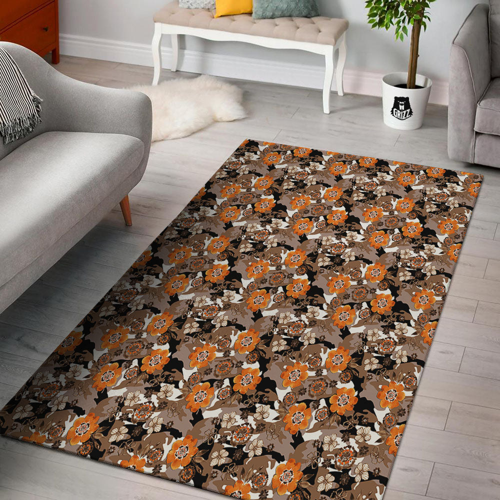 Camo Flower Brown Hawaiian Print Pattern Floor Mat-grizzshop