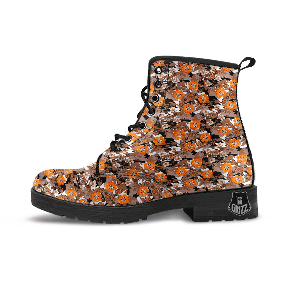 Camo Flower Brown Hawaiian Print Pattern Leather Boots-grizzshop