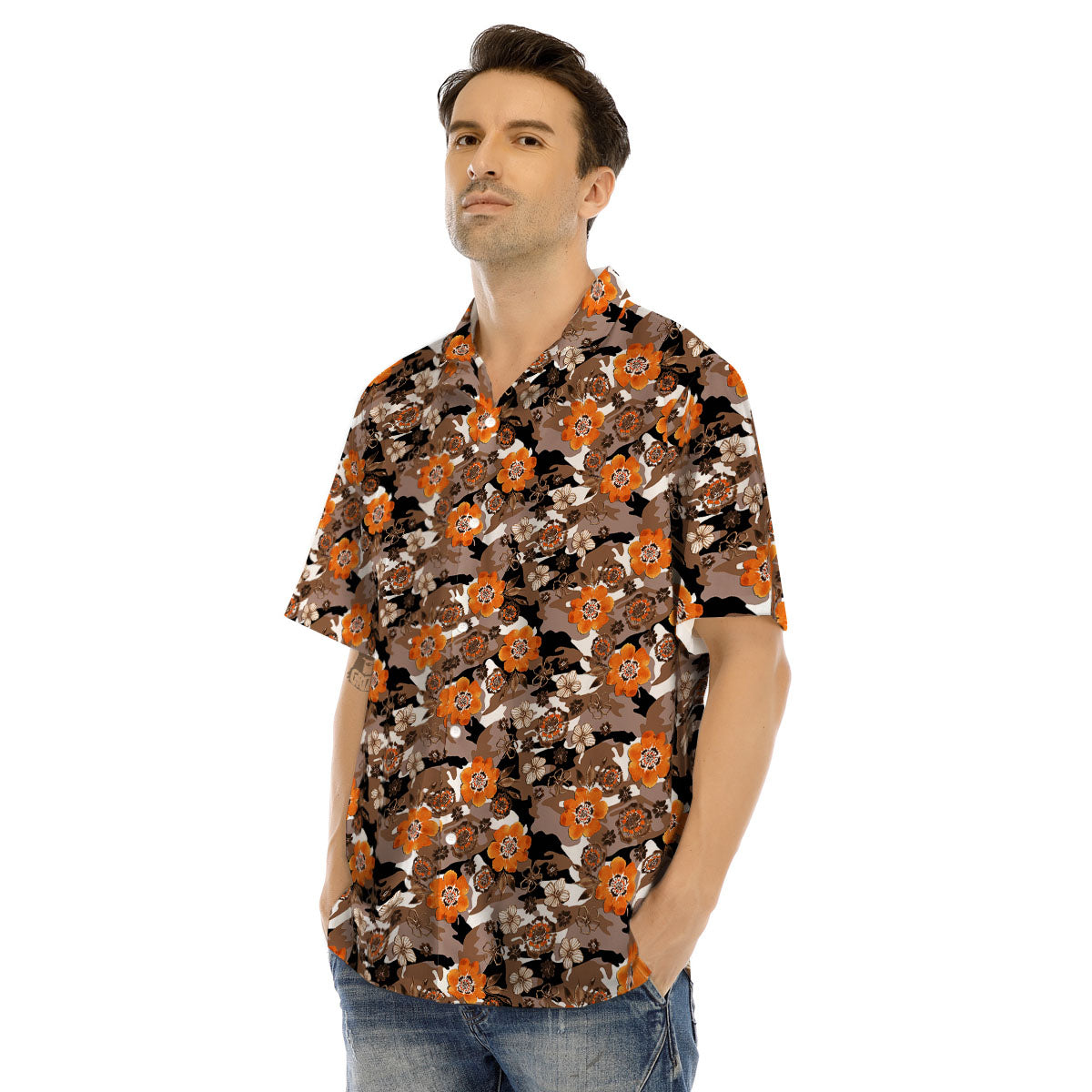 Camo Flower Brown Hawaiian Print Pattern Men's Hawaiian Shirt-grizzshop