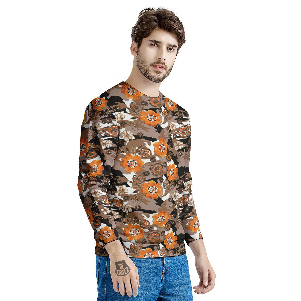 Camo Flower Brown Hawaiian Print Pattern Men's Sweatshirt-grizzshop