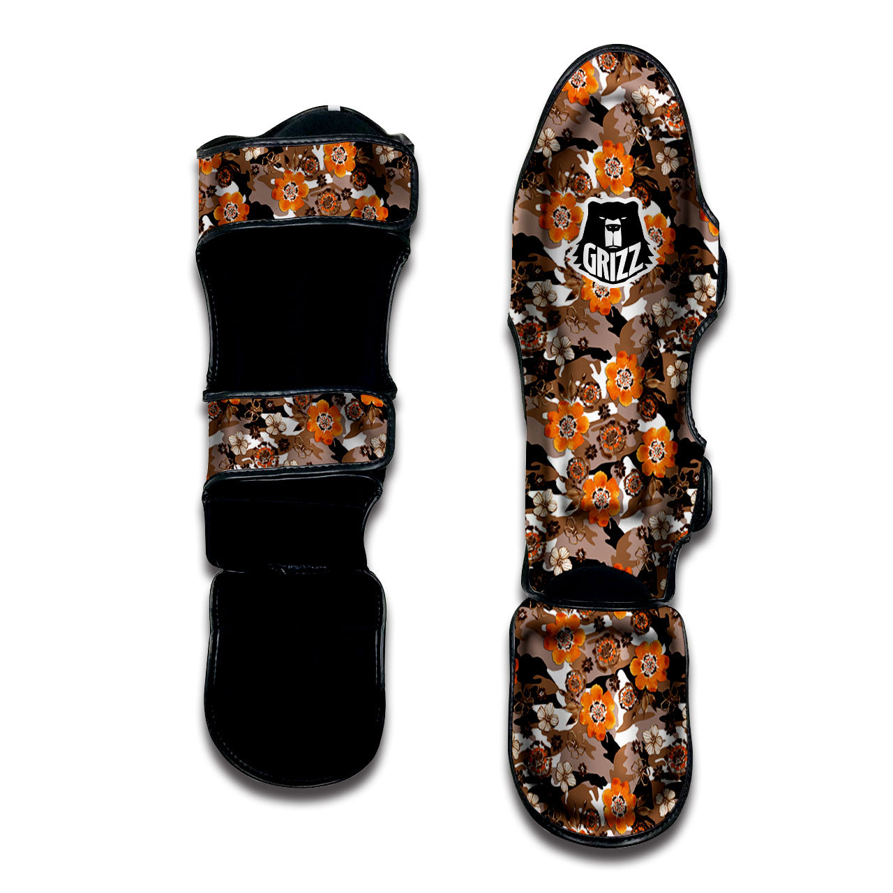 Camo Flower Brown Hawaiian Print Pattern Muay Thai Shin Guards-grizzshop