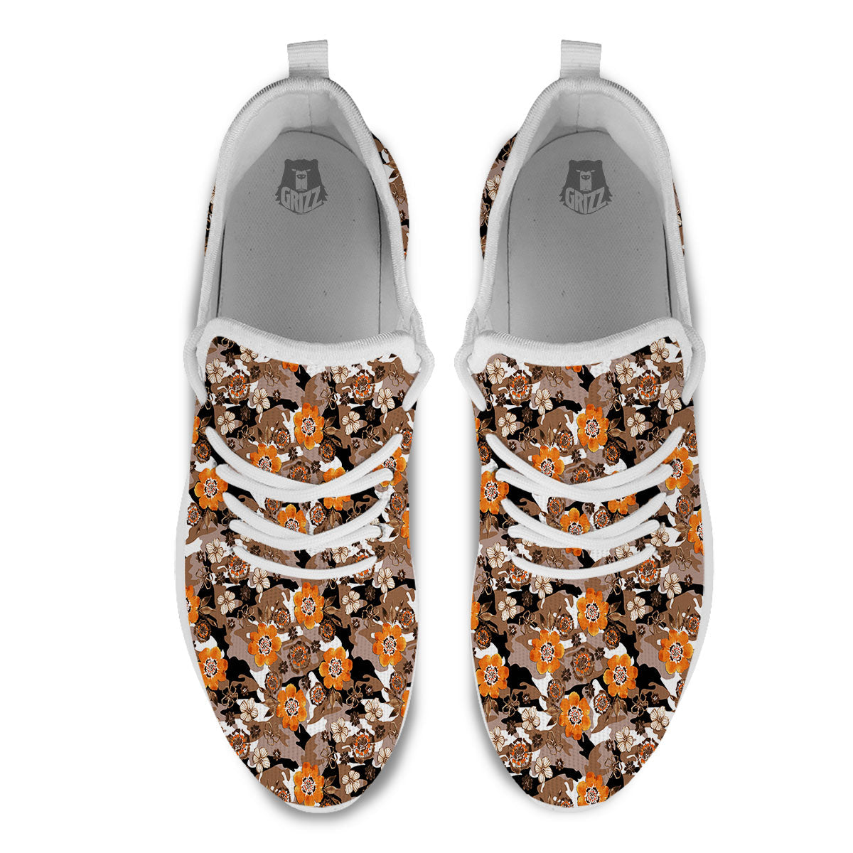 Camo Flower Brown Hawaiian Print Pattern White Athletic Shoes-grizzshop