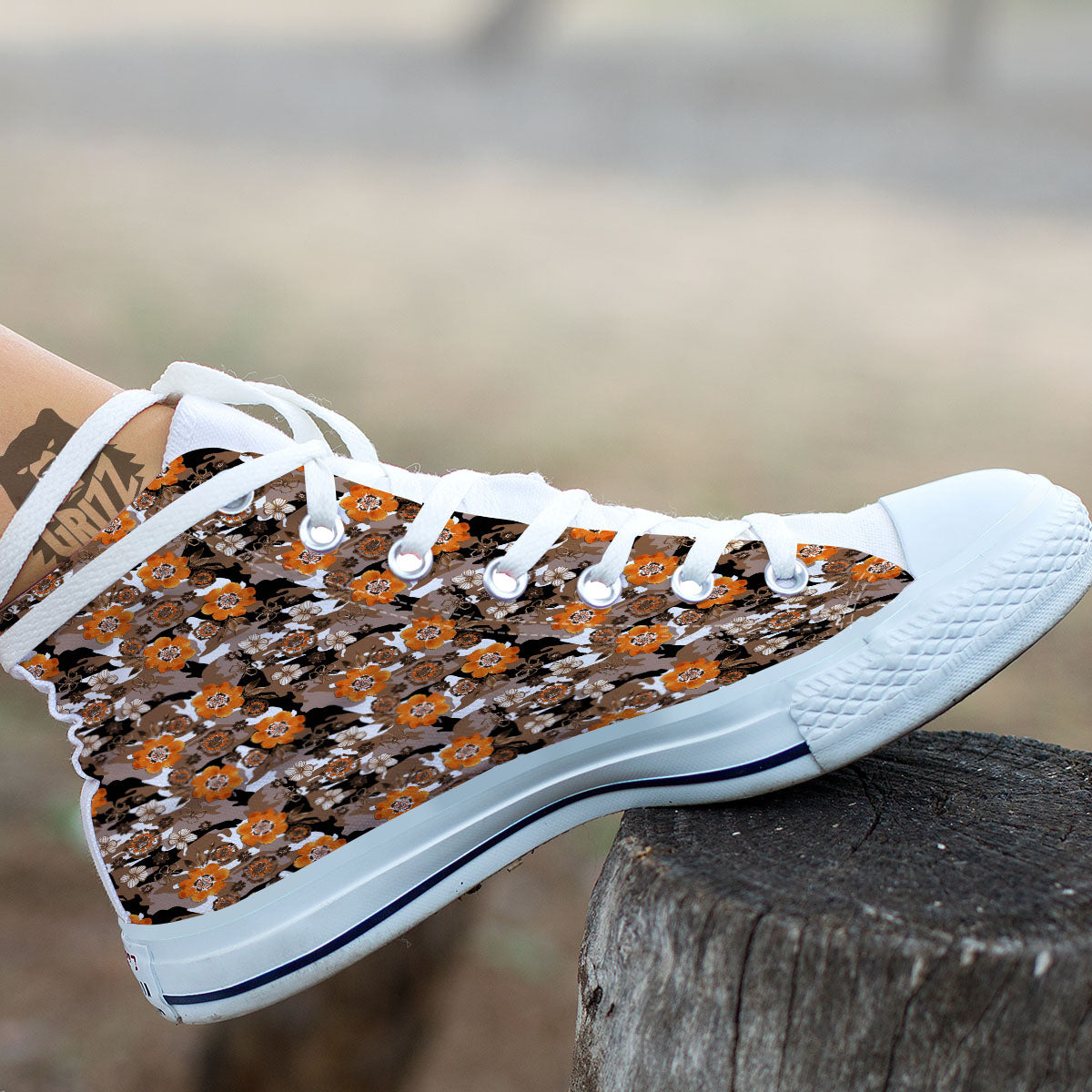 Camo Flower Brown Hawaiian Print Pattern White High Top Shoes-grizzshop