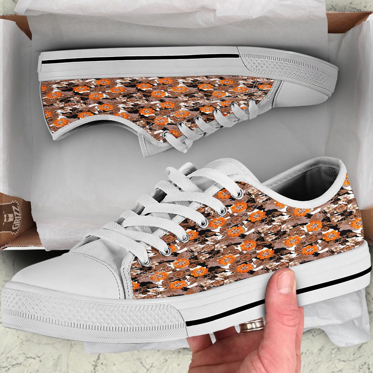 Camo Flower Brown Hawaiian Print Pattern White Low Top Shoes-grizzshop