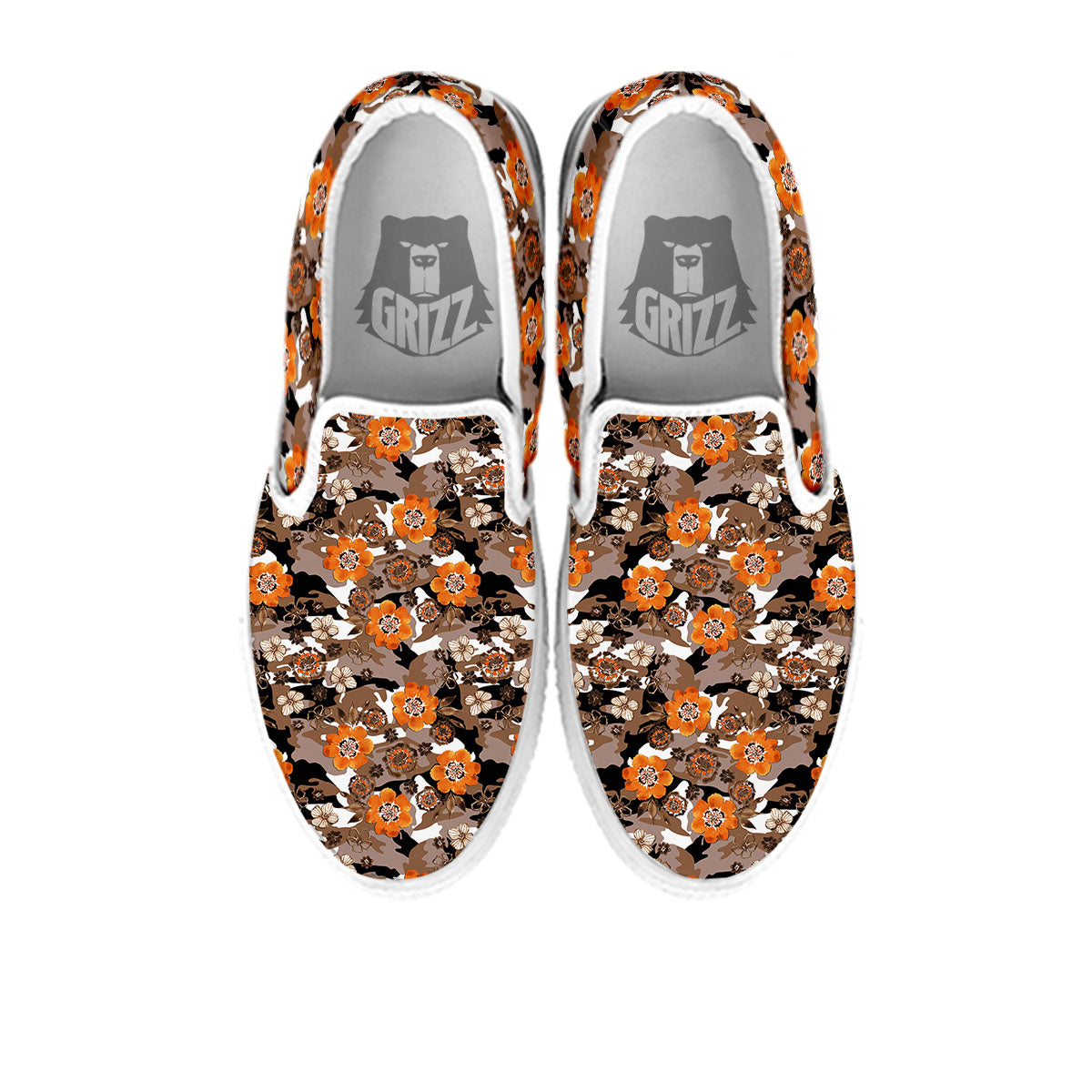 Camo Flower Brown Hawaiian Print Pattern White Slip On Shoes-grizzshop