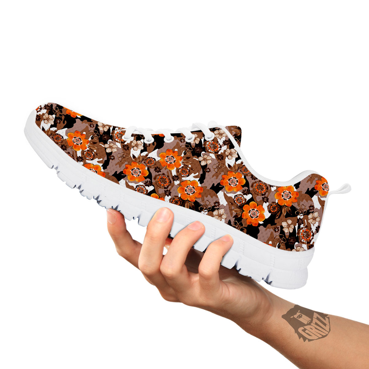 Camo Flower Brown Hawaiian Print Pattern White Sneaker-grizzshop