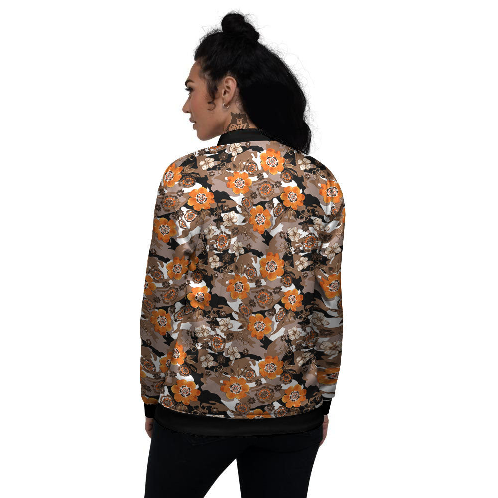 Camo Flower Brown Hawaiian Print Pattern Women's Bomber Jacket-grizzshop