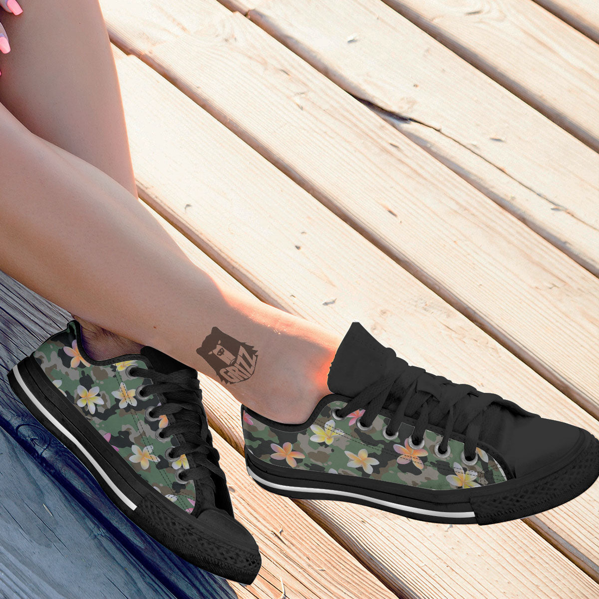 Camo Flower Military Green Print Pattern Black Low Top Shoes-grizzshop