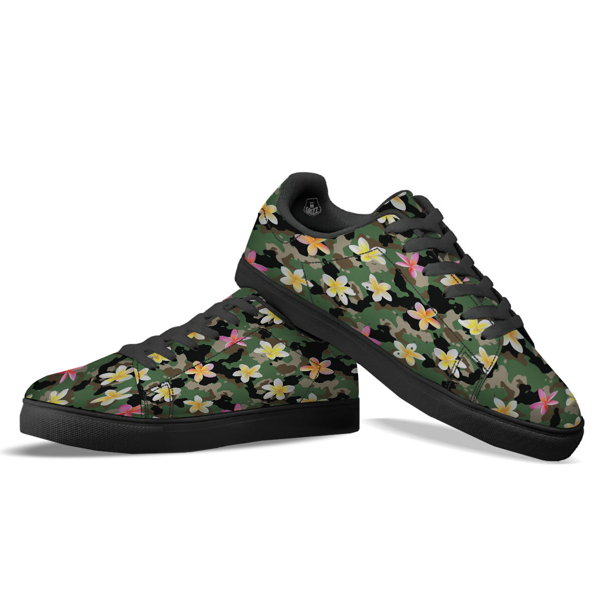 Camo Flower Military Green Print Pattern Black Low Top Sneakers-grizzshop