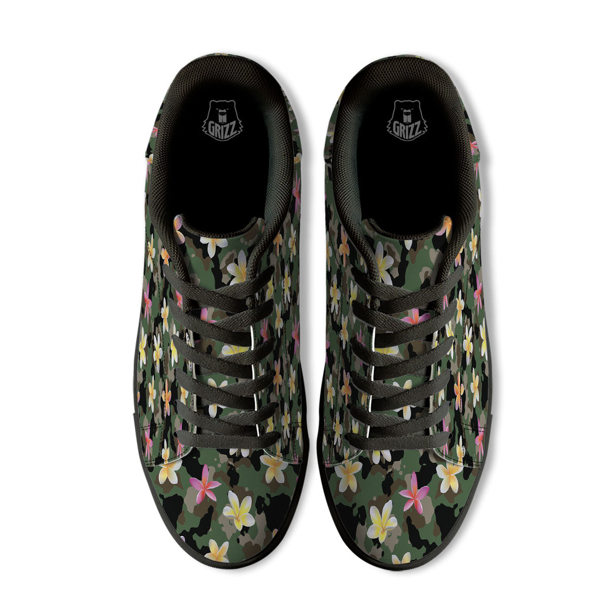 Camo Flower Military Green Print Pattern Black Low Top Sneakers-grizzshop