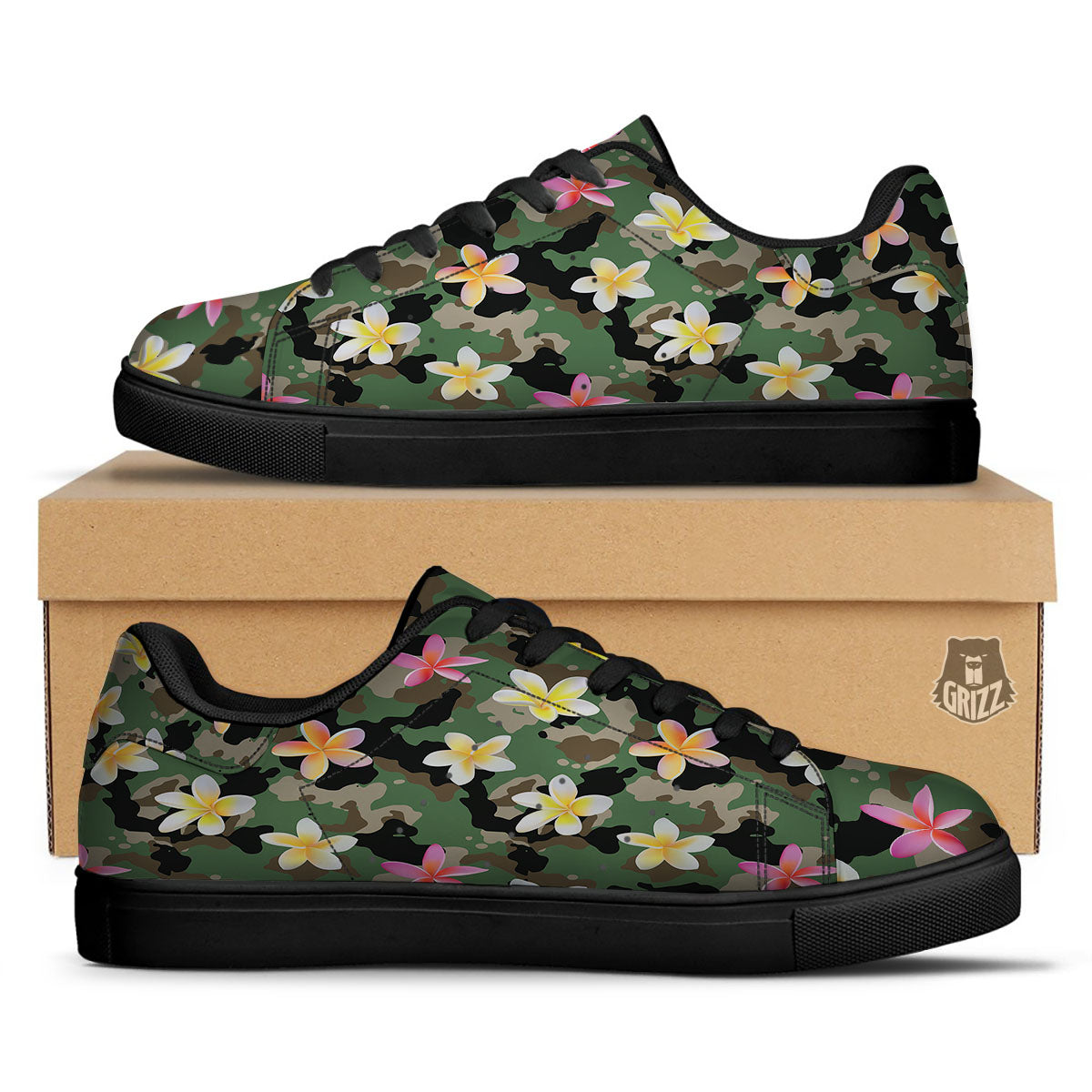 Camo Flower Military Green Print Pattern Black Low Top Sneakers-grizzshop