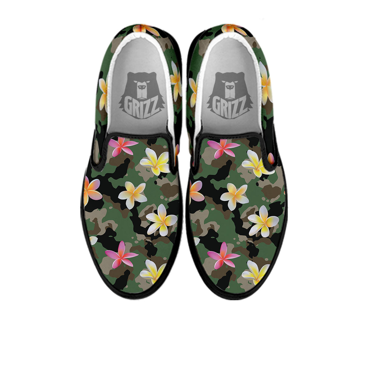 Camo Flower Military Green Print Pattern Black Slip On Shoes-grizzshop