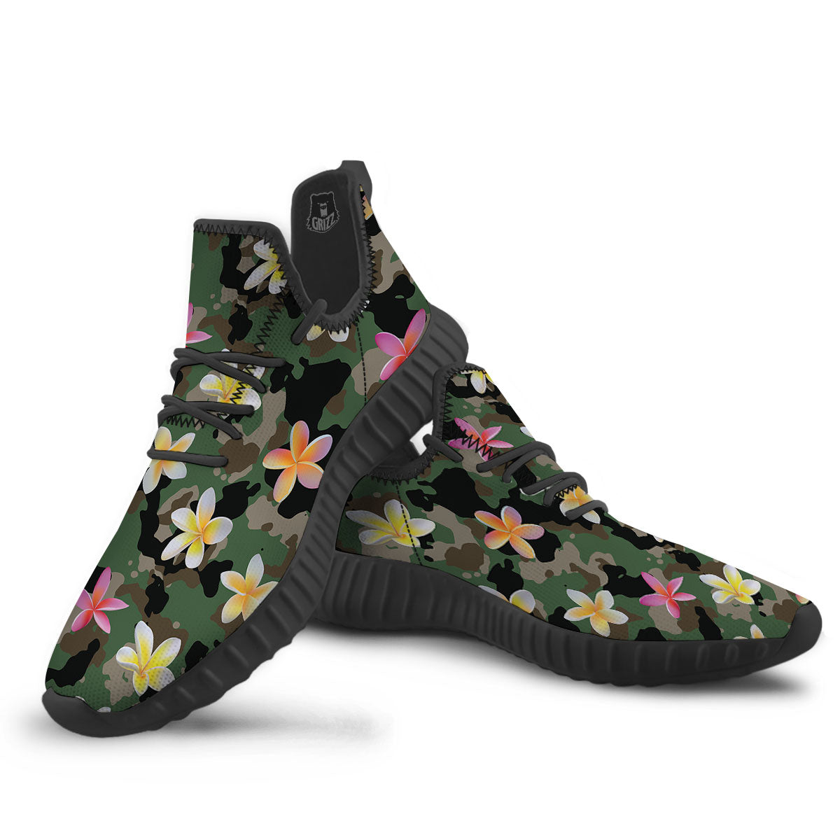 Camo Flower Military Green Print Pattern Black Walking Shoes-grizzshop