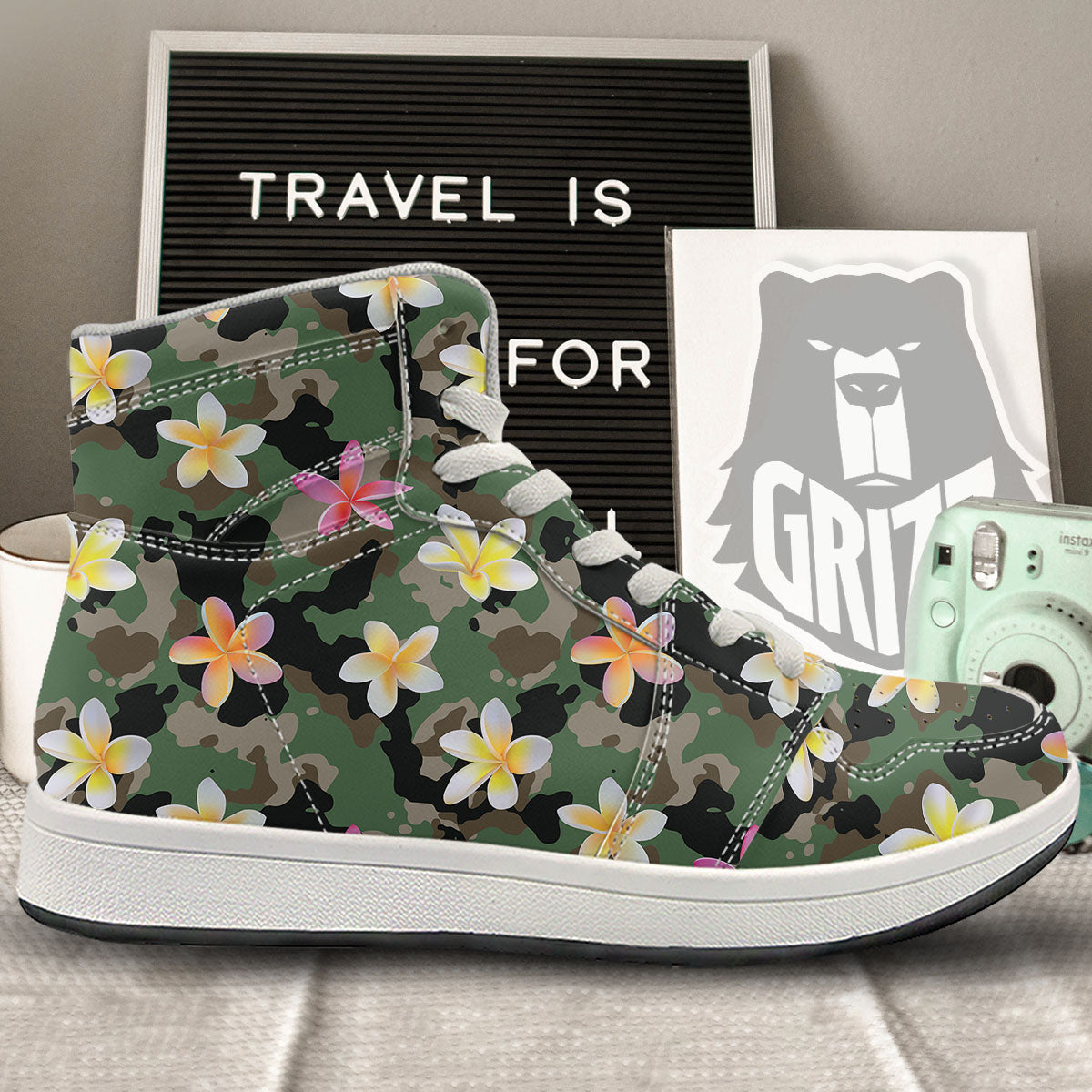 Camo Flower Military Green Print Pattern High Top Sneakers-grizzshop
