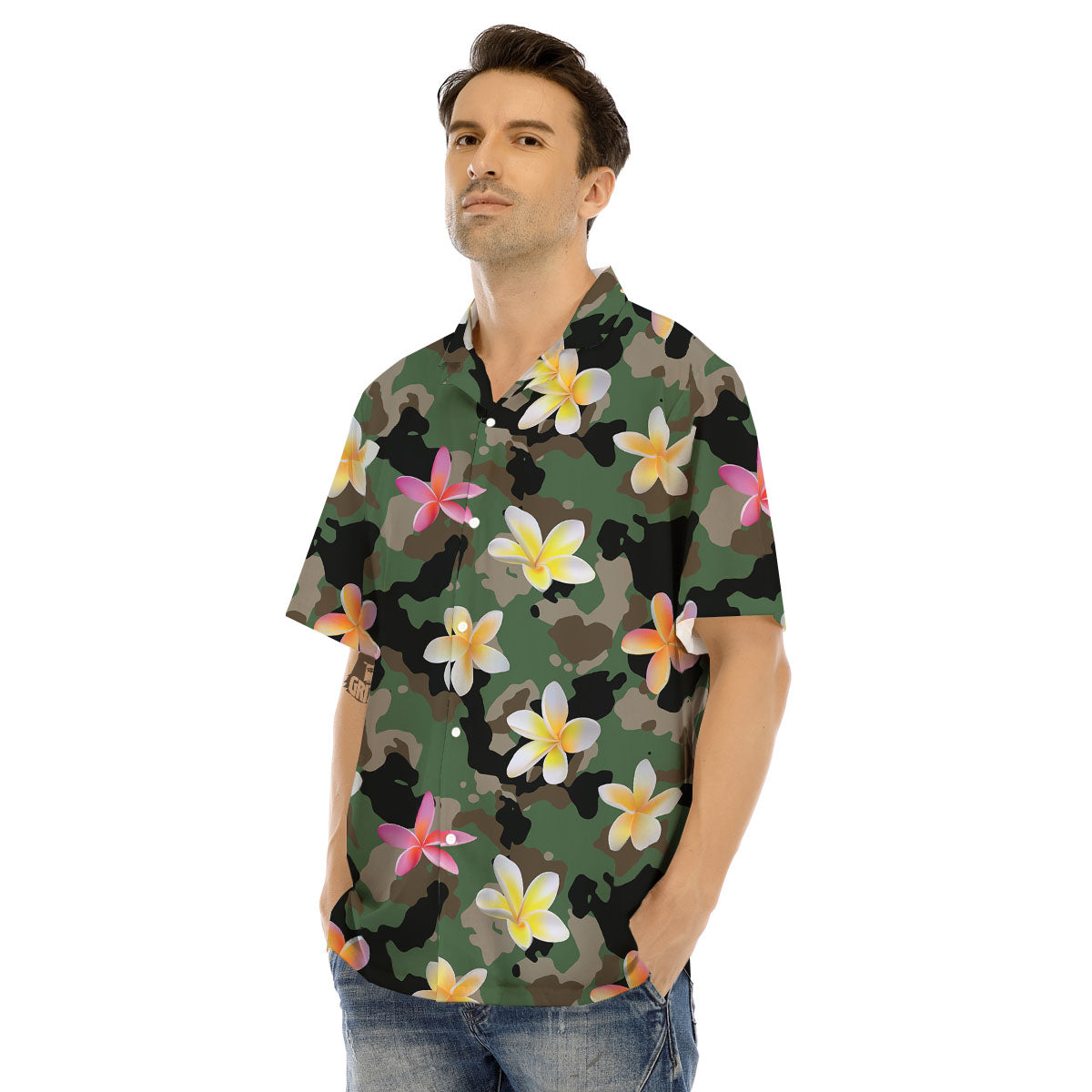 Camo Flower Military Green Print Pattern Men's Hawaiian Shirt-grizzshop