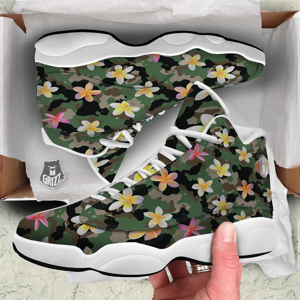 Camo Flower Military Green Print Pattern White Basketball Shoes-grizzshop