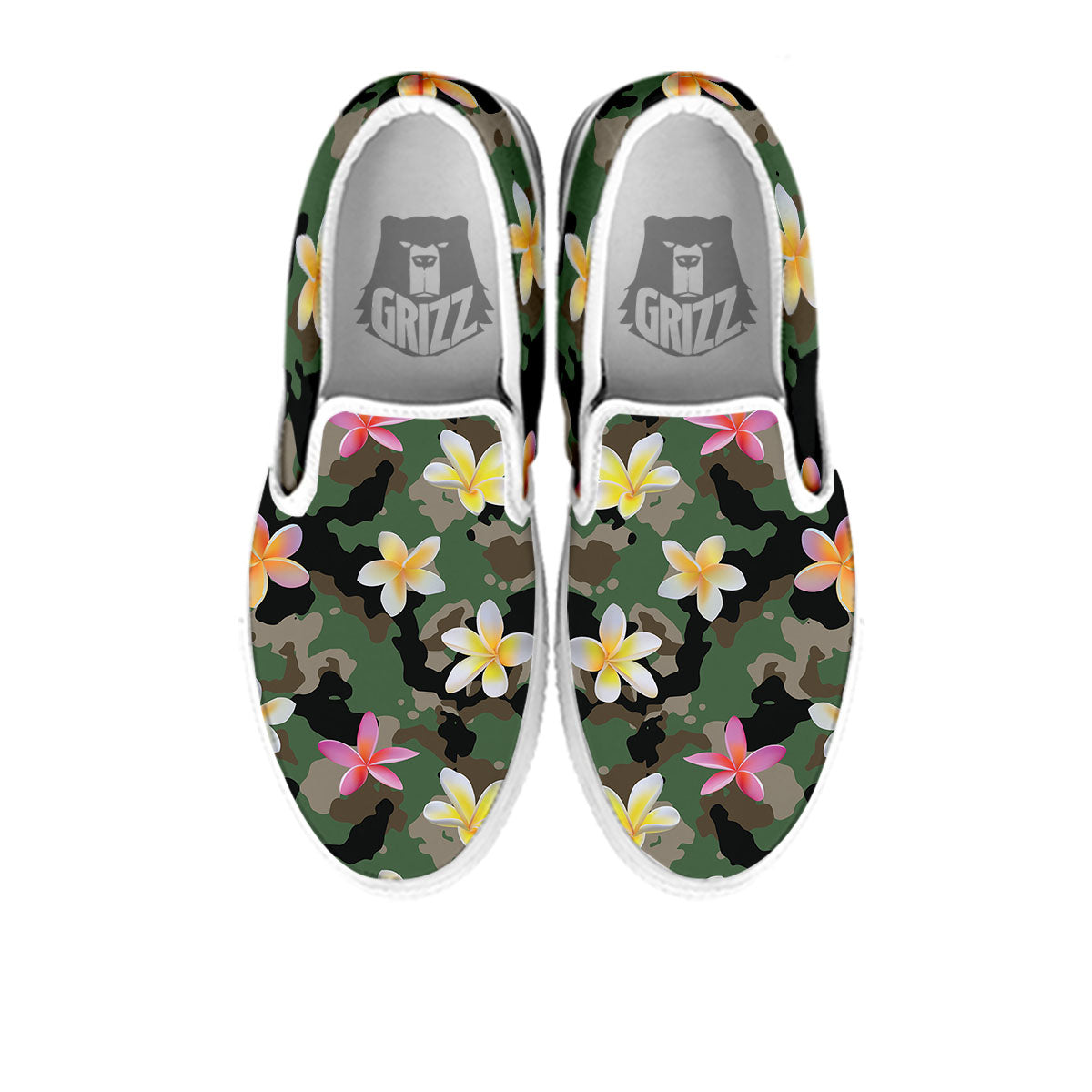 Camo Flower Military Green Print Pattern White Slip On Shoes-grizzshop