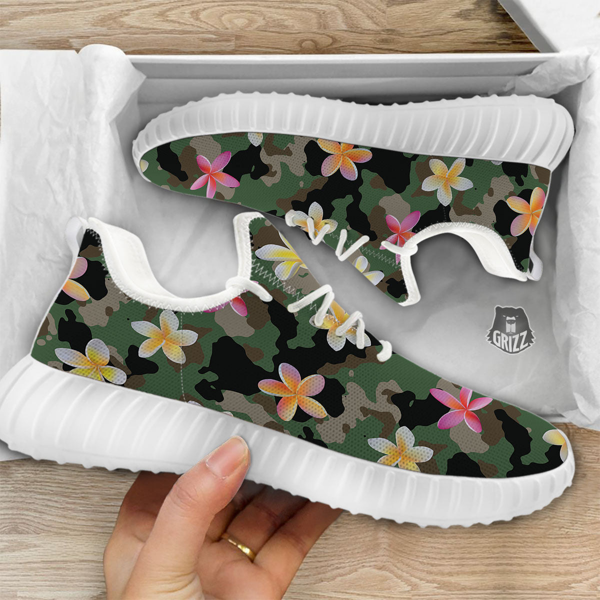Camo Flower Military Green Print Pattern White Walking Shoes-grizzshop