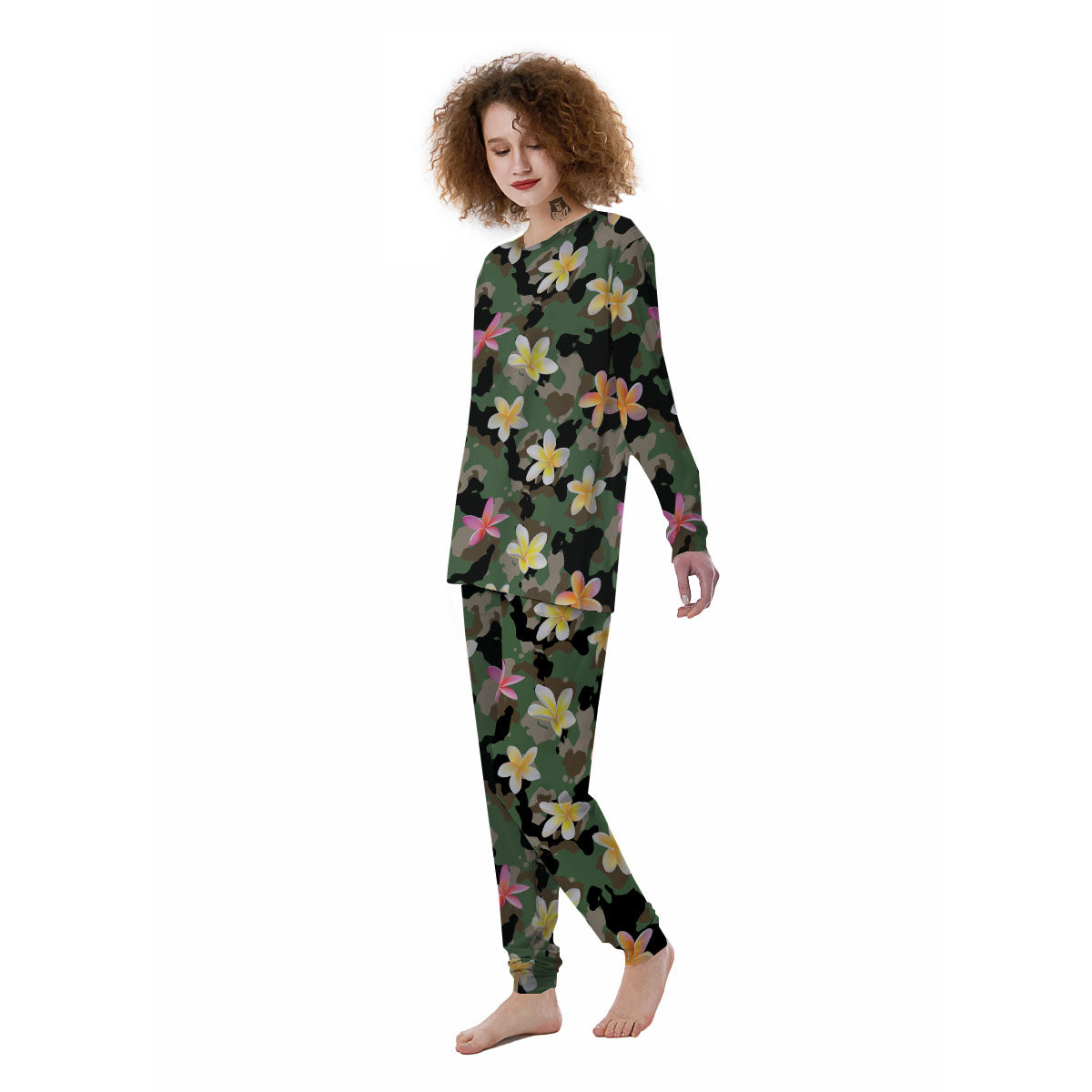 Camo Flower Military Green Print Pattern Women's Pajamas-grizzshop