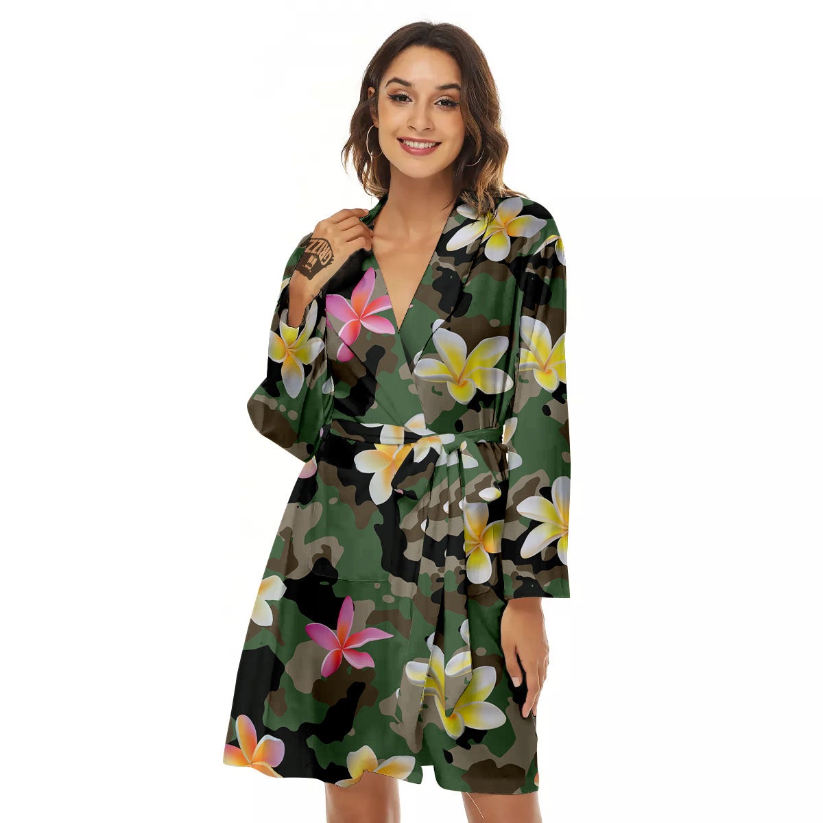 Camo Flower Military Green Print Pattern Women's Robe-grizzshop