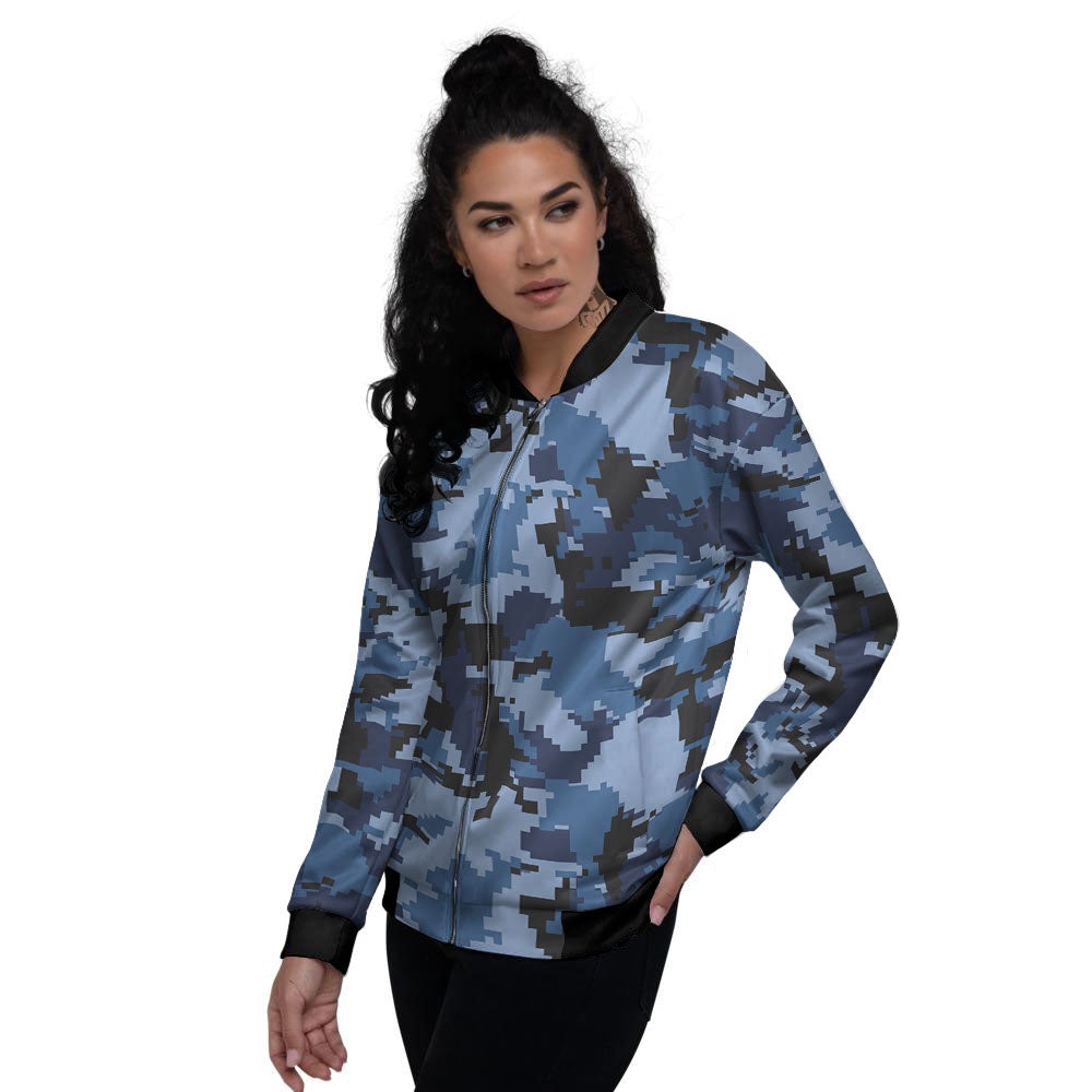 Camo Navy Digital Print Pattern Women's Bomber Jacket-grizzshop