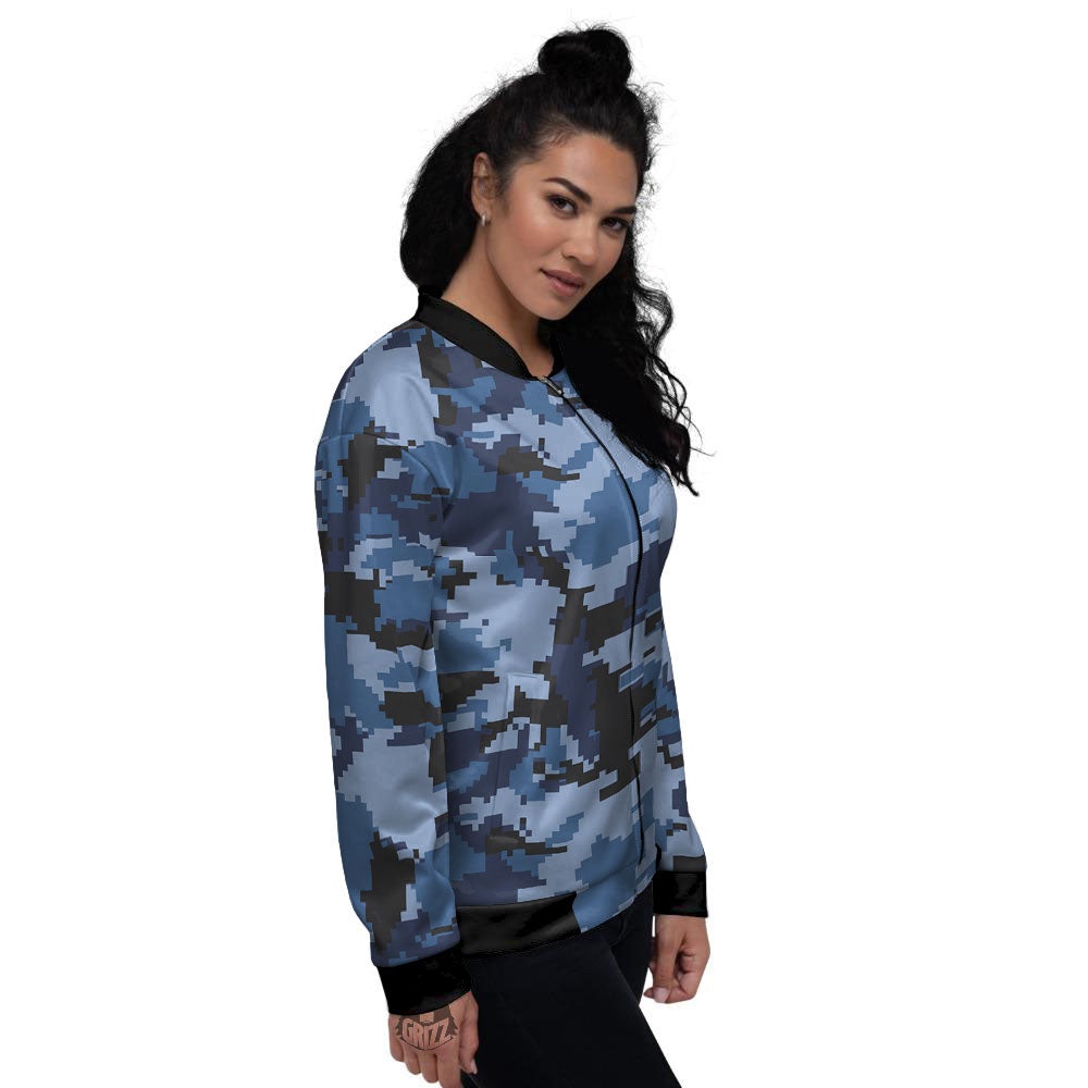 Camo Navy Digital Print Pattern Women's Bomber Jacket-grizzshop
