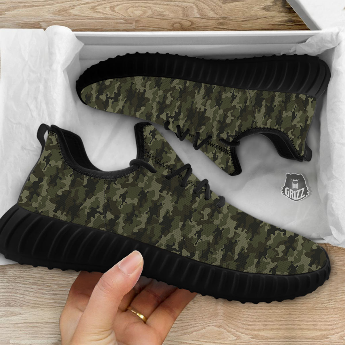 Camouflage Army Green Print Black Walking Shoes-grizzshop