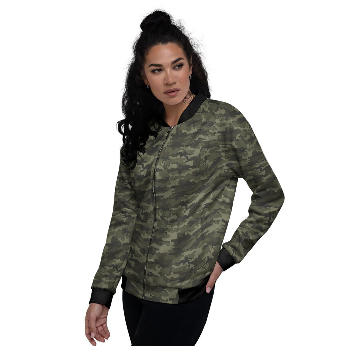 Camouflage Army Green Print Women's Bomber Jacket-grizzshop