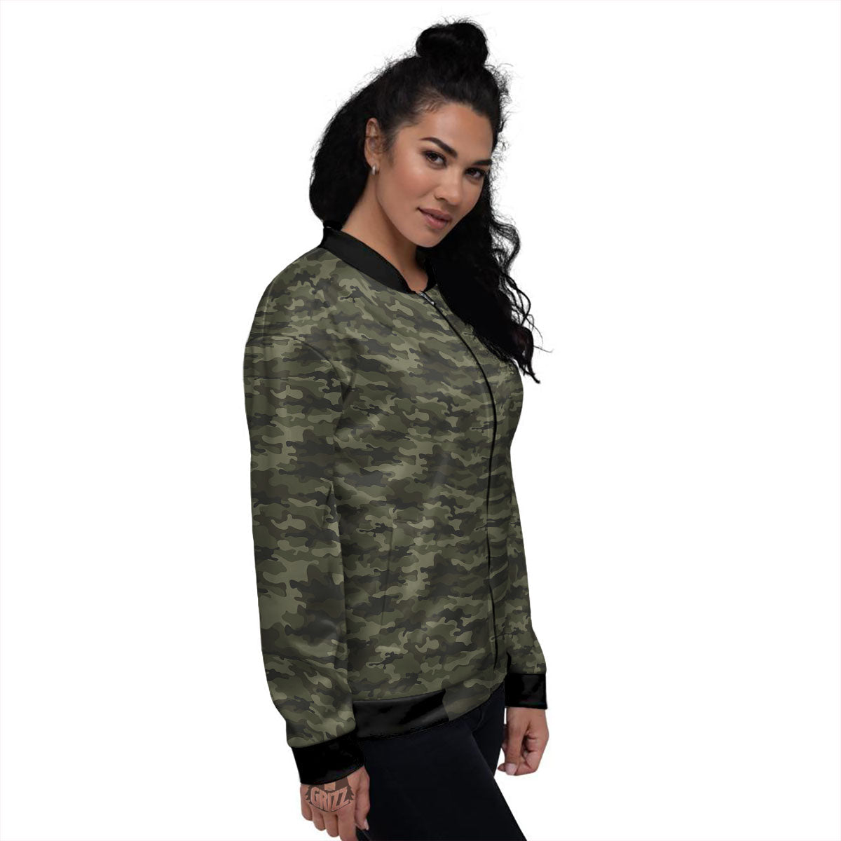 Camouflage Army Green Print Women's Bomber Jacket-grizzshop