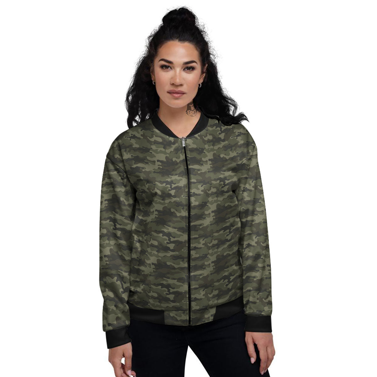 Camouflage Army Green Print Women's Bomber Jacket-grizzshop