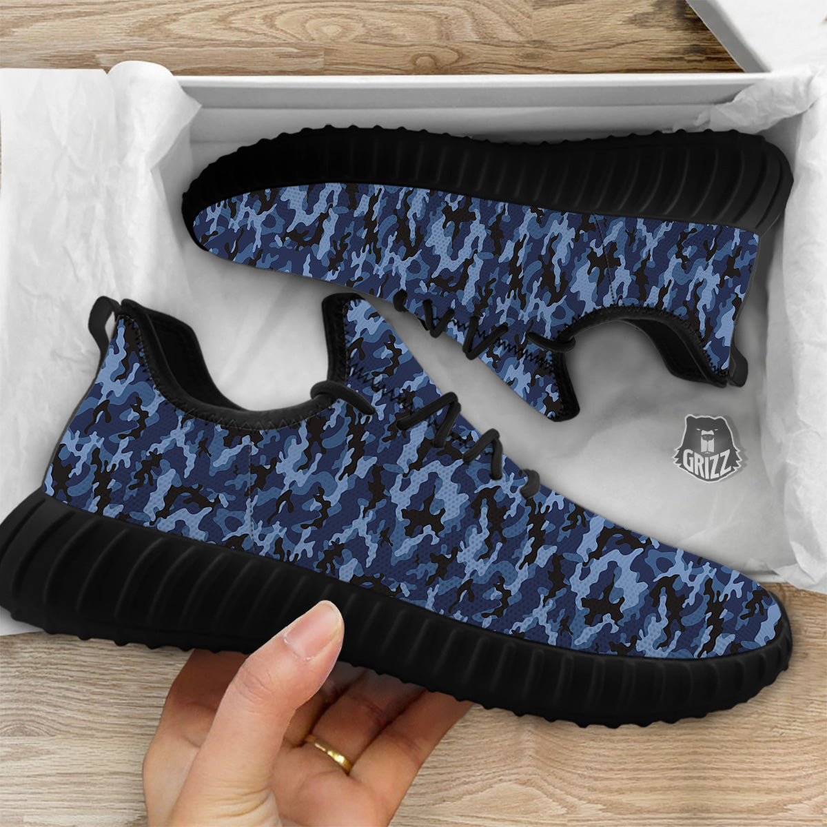 Camouflage Black And Blue Print Black Walking Shoes-grizzshop