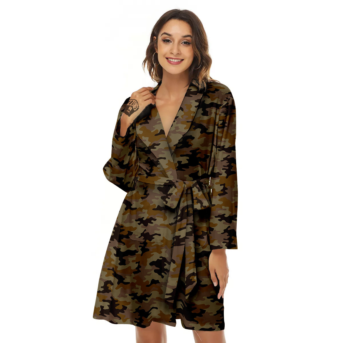 Camouflage Black And Brown Print Women's Robe-grizzshop