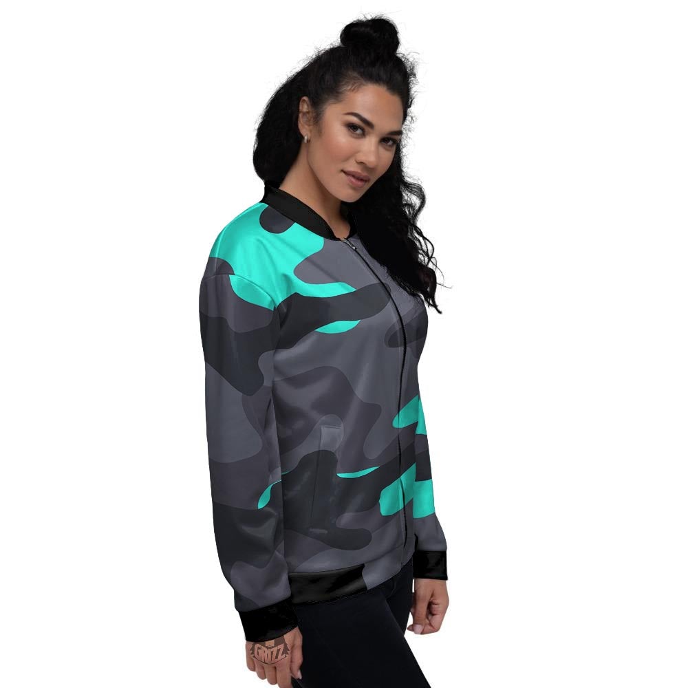 Camouflage Black And Teal Print Women's Bomber Jacket-grizzshop