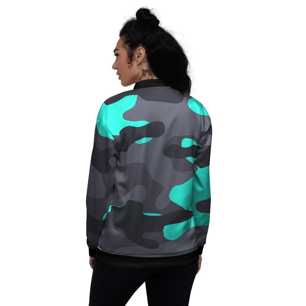 Camouflage Black And Teal Print Women's Bomber Jacket-grizzshop