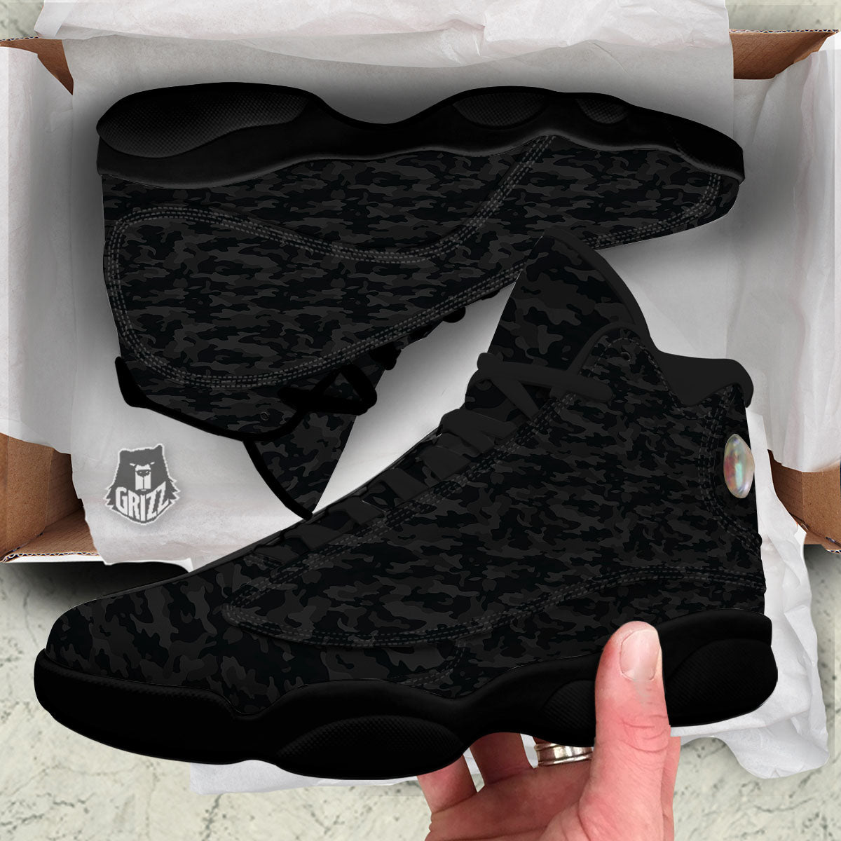 Camouflage Black Print Black Basketball Shoes-grizzshop
