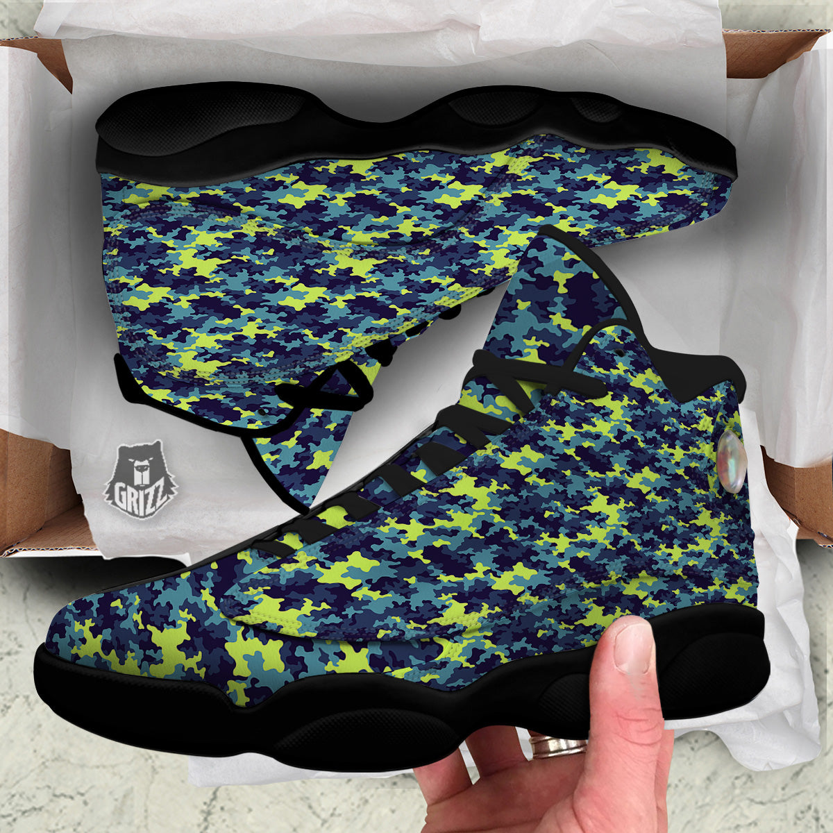 Camouflage Blue And Neon Green Print Pattern Black Basketball Shoes-grizzshop
