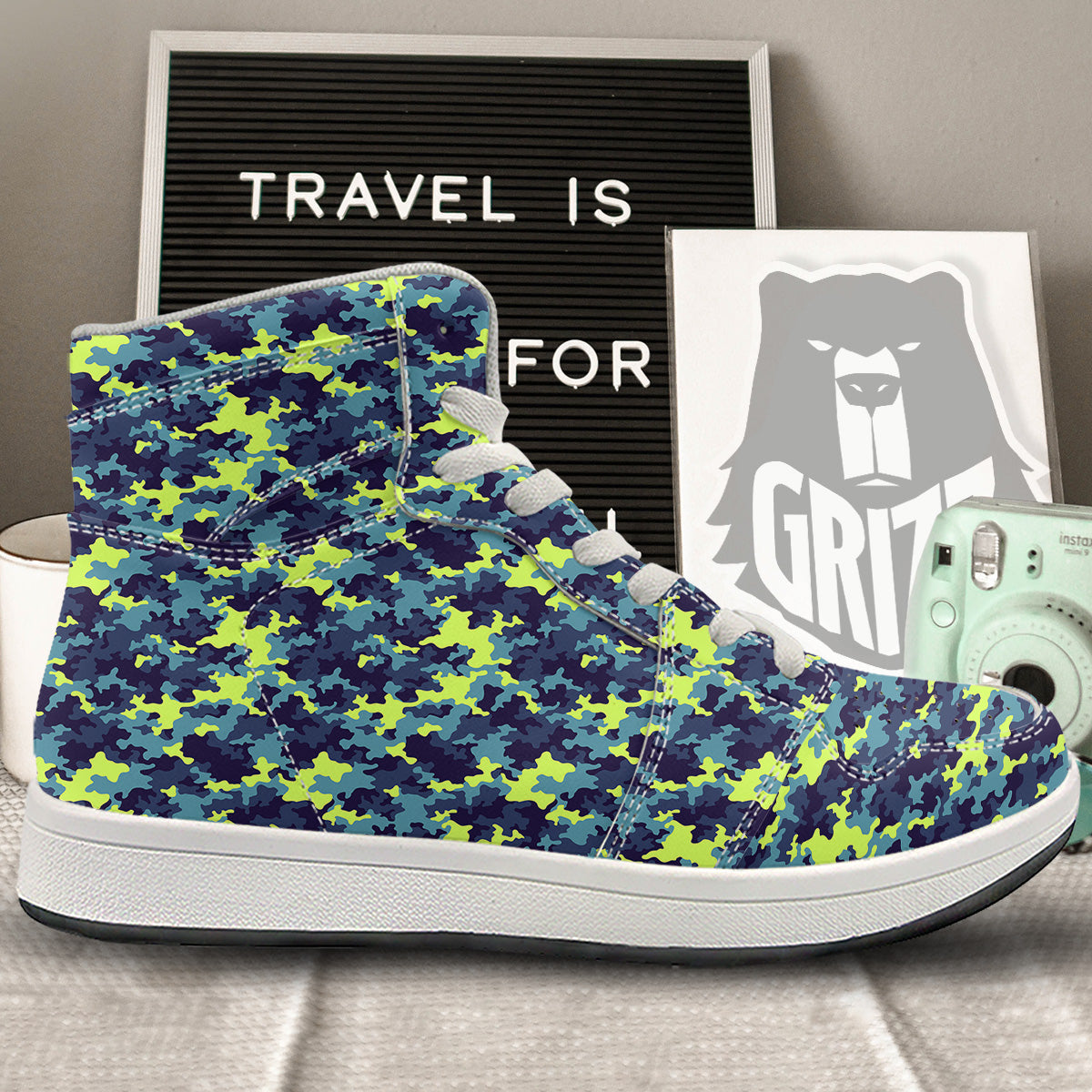 Camouflage Blue And Neon Green Print Pattern High Top Sneakers-grizzshop