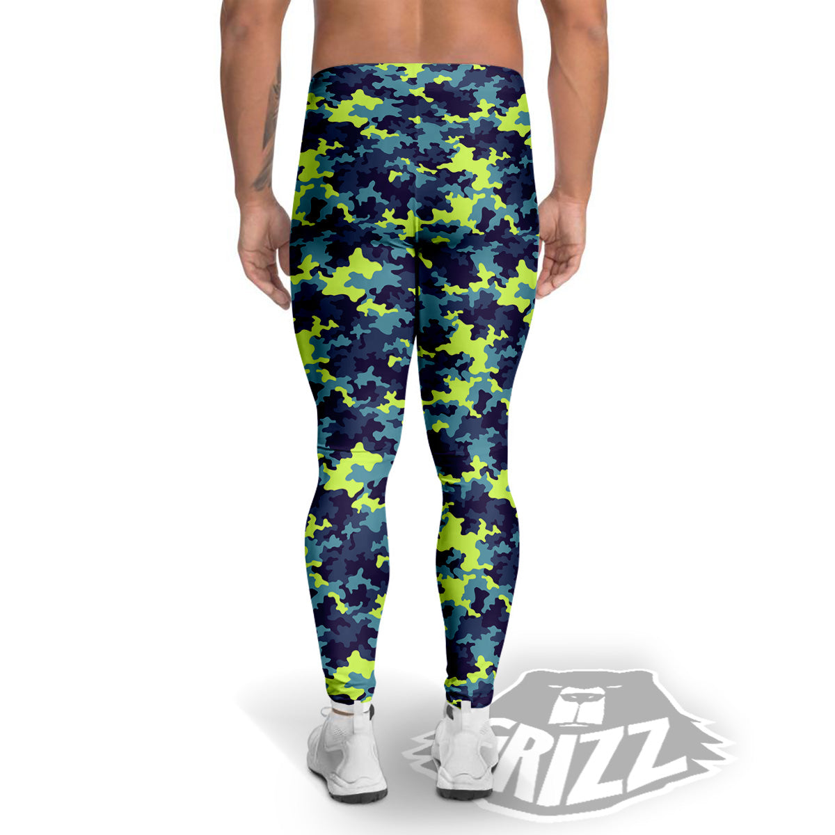 Camouflage Blue And Neon Green Print Pattern Men's Leggings-grizzshop