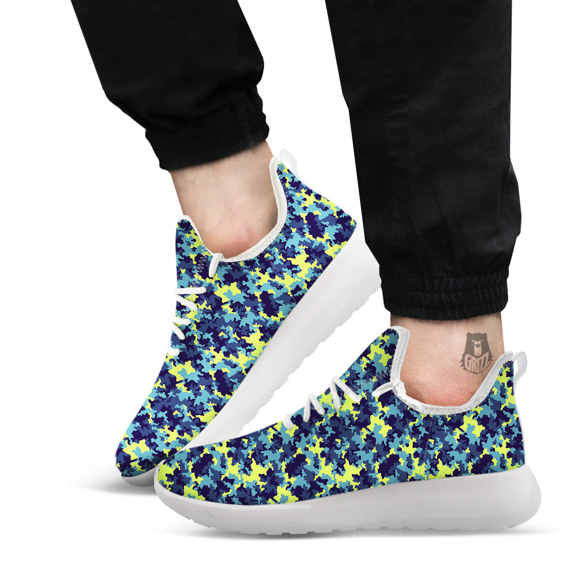 Camouflage Blue And Neon Green Print Pattern White Athletic Shoes-grizzshop