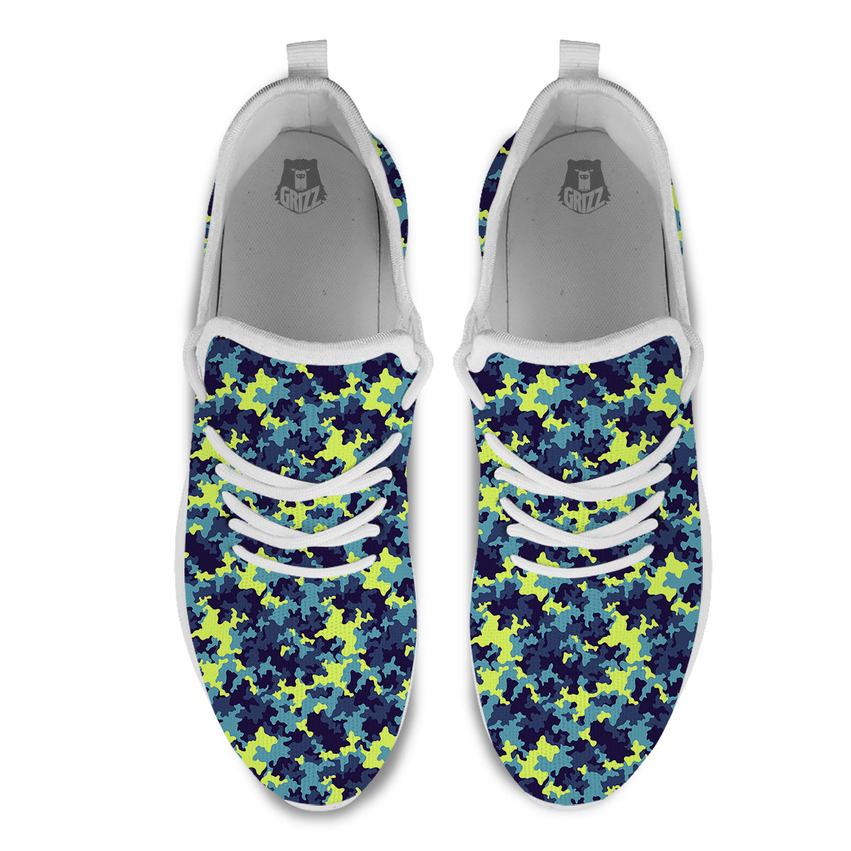 Camouflage Blue And Neon Green Print Pattern White Athletic Shoes-grizzshop