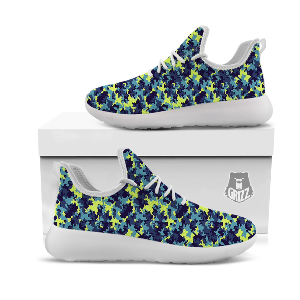 Camouflage Blue And Neon Green Print Pattern White Athletic Shoes-grizzshop