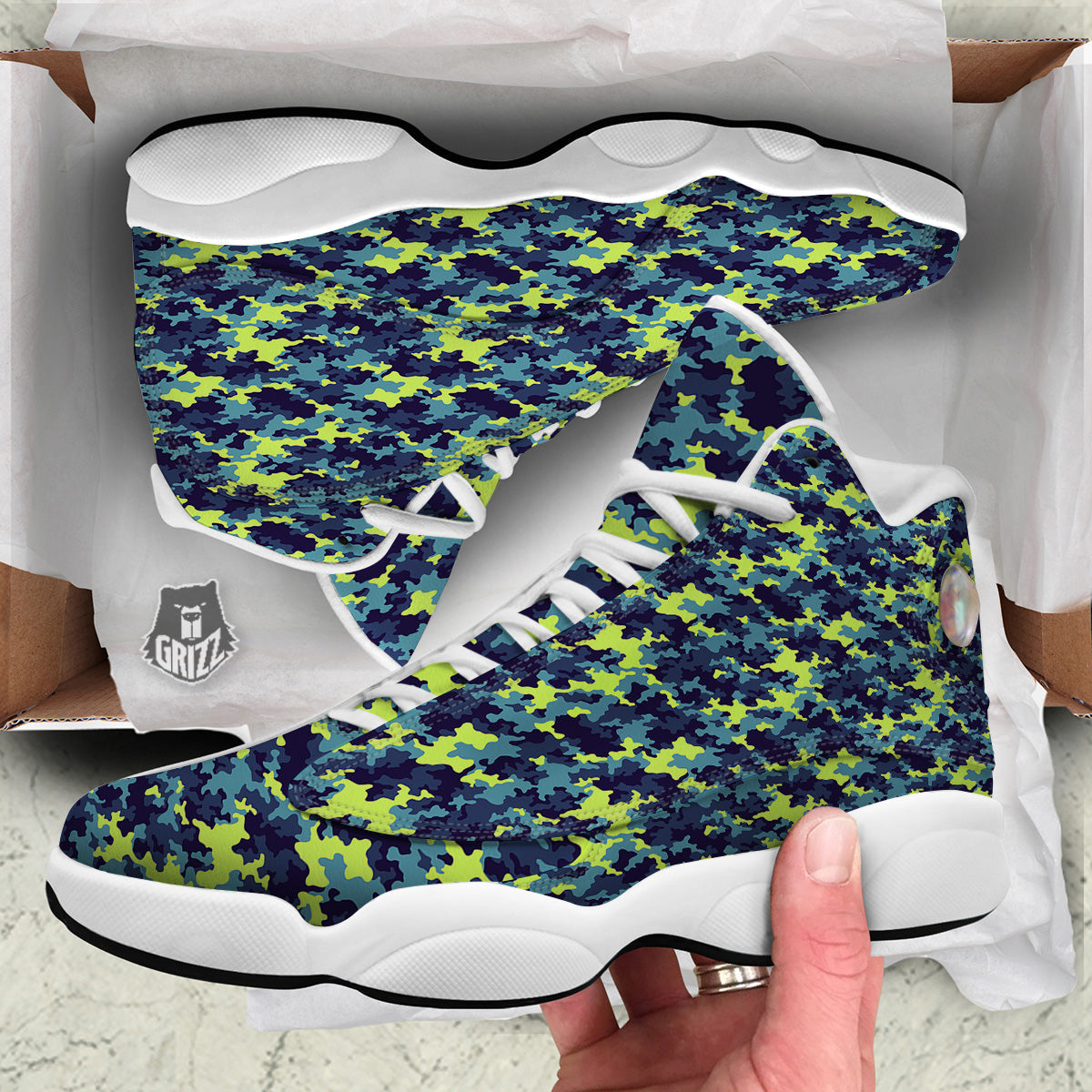 Camouflage Blue And Neon Green Print Pattern White Basketball Shoes-grizzshop