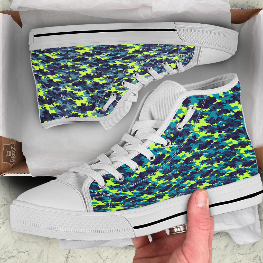 Camouflage Blue And Neon Green Print Pattern White High Top Shoes-grizzshop