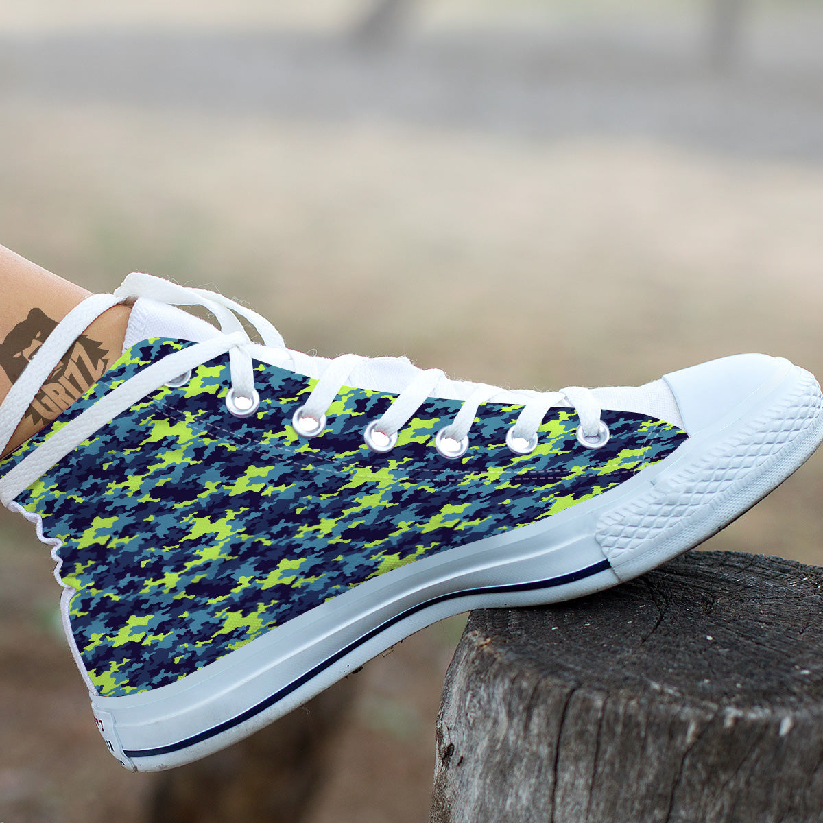 Camouflage Blue And Neon Green Print Pattern White High Top Shoes-grizzshop