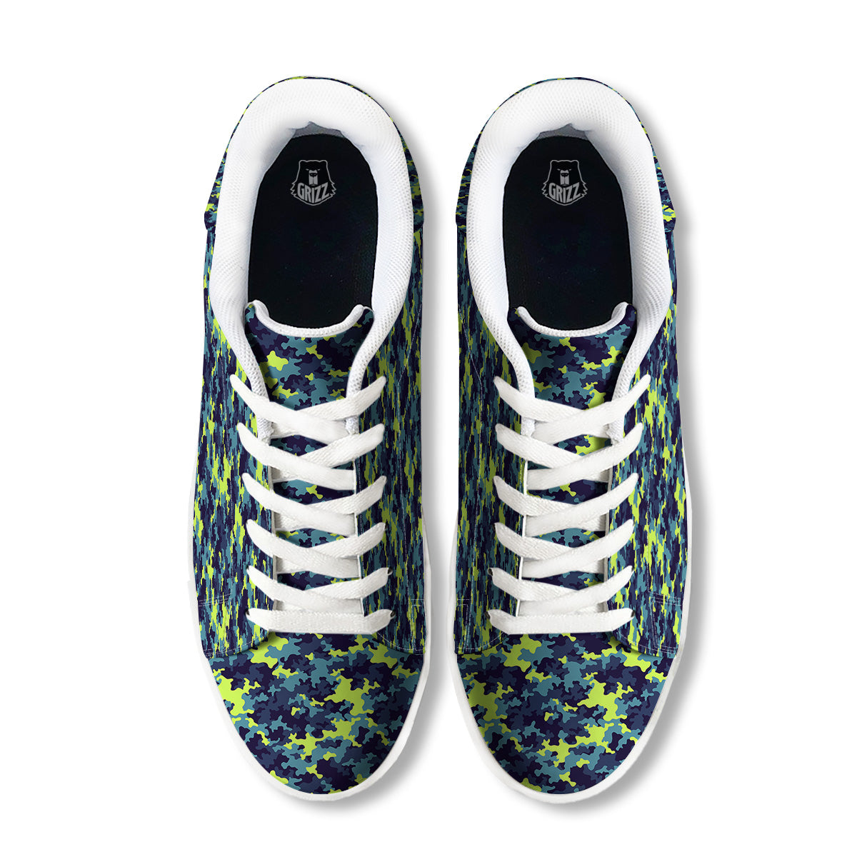 Camouflage Blue And Neon Green Print Pattern White Low Top Sneakers-grizzshop