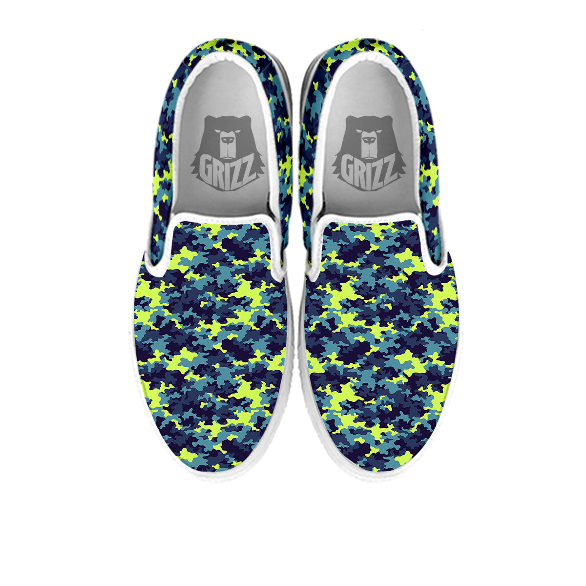 Camouflage Blue And Neon Green Print Pattern White Slip On Shoes-grizzshop
