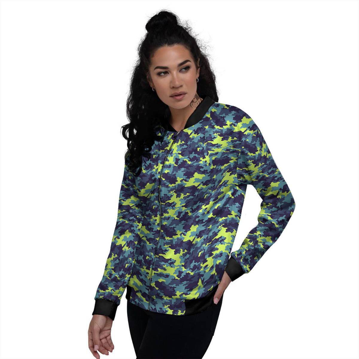 Camouflage Blue And Neon Green Print Pattern Women's Bomber Jacket-grizzshop
