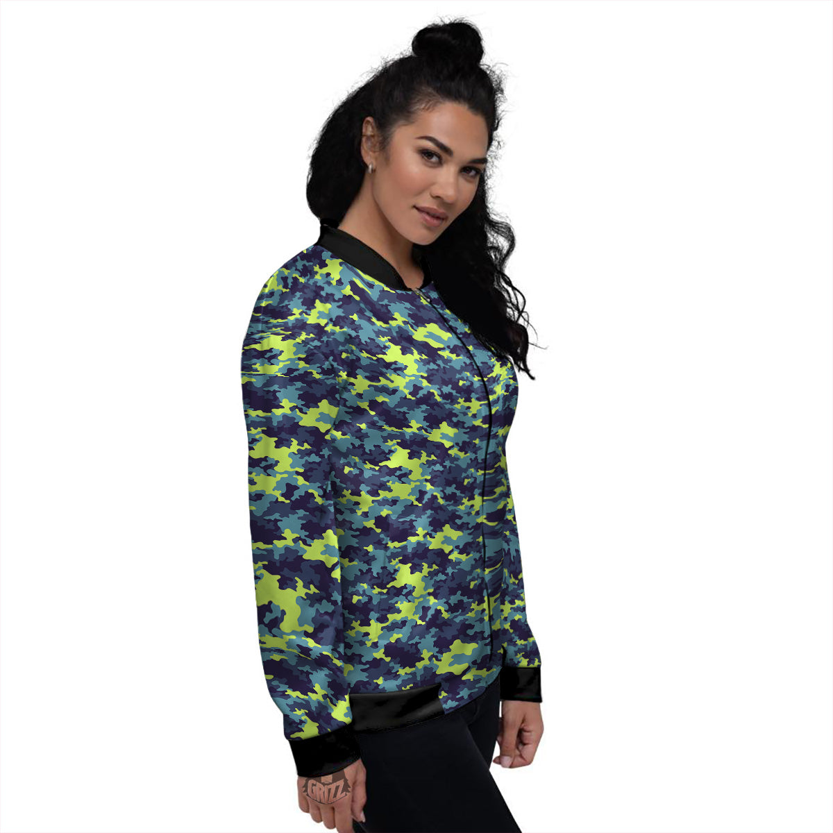 Camouflage Blue And Neon Green Print Pattern Women's Bomber Jacket-grizzshop