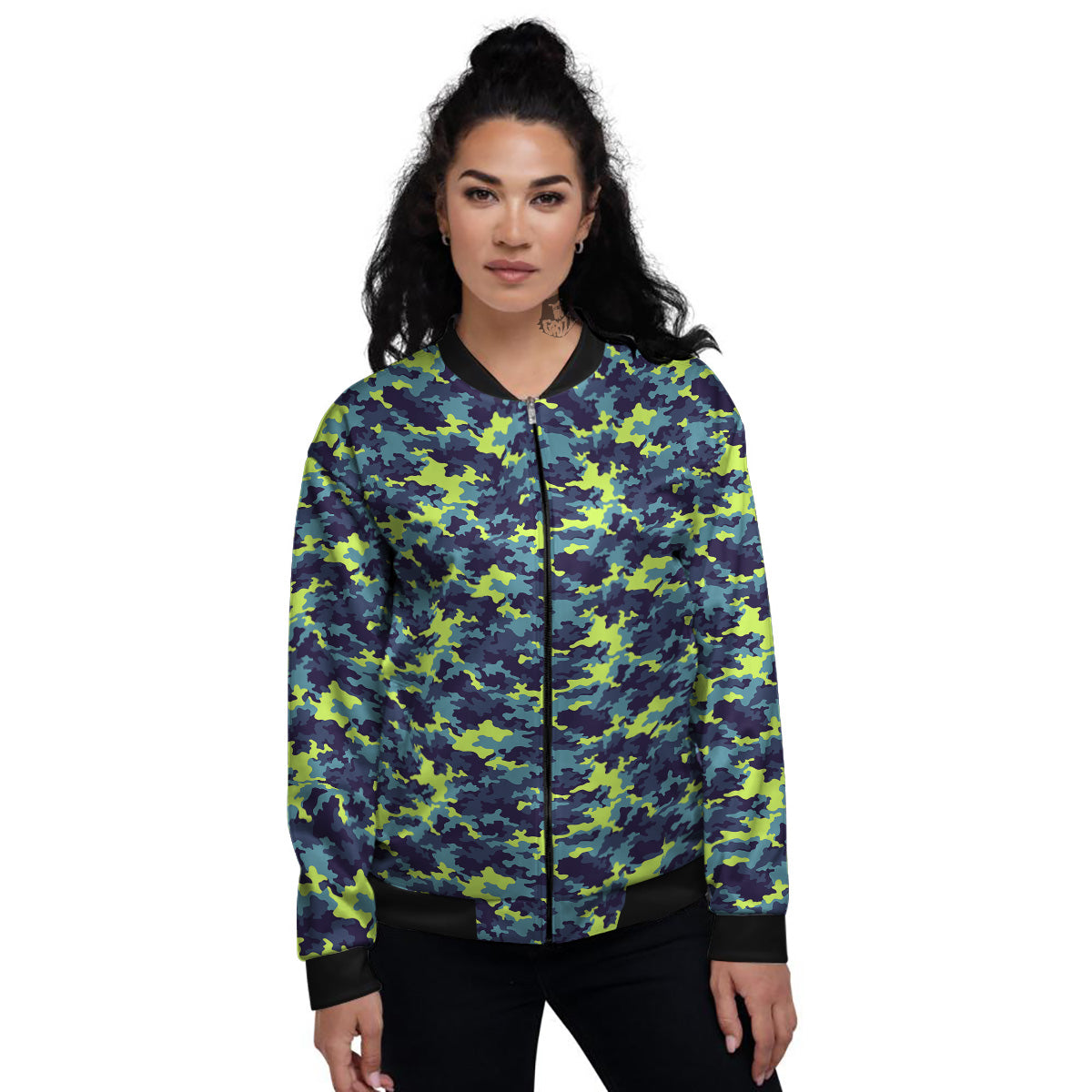 Camouflage Blue And Neon Green Print Pattern Women's Bomber Jacket-grizzshop