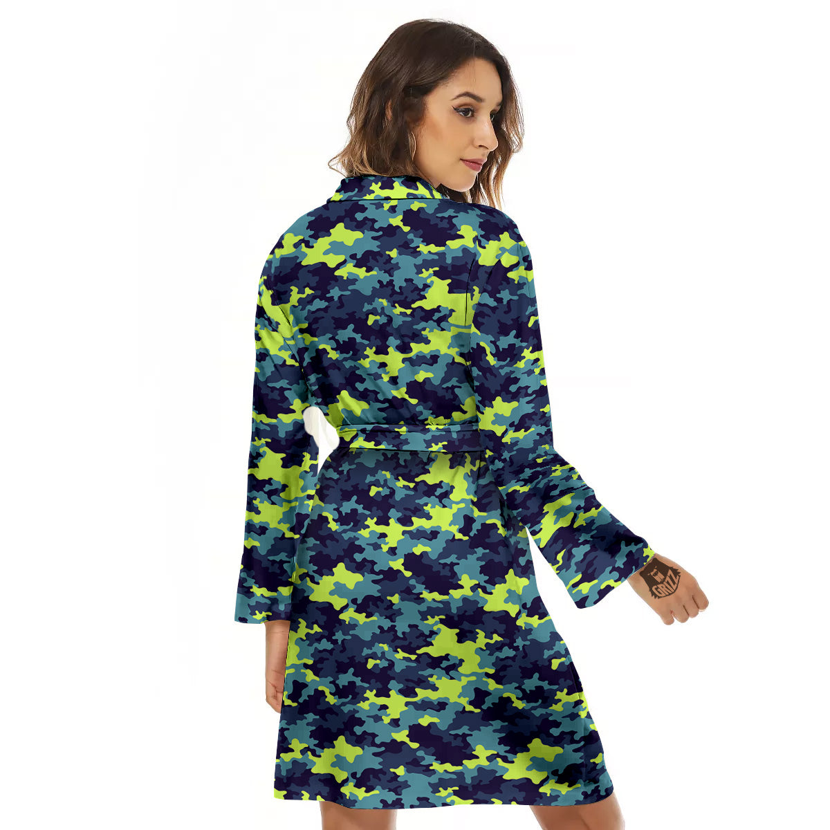 Camouflage Blue And Neon Green Print Pattern Women's Robe-grizzshop